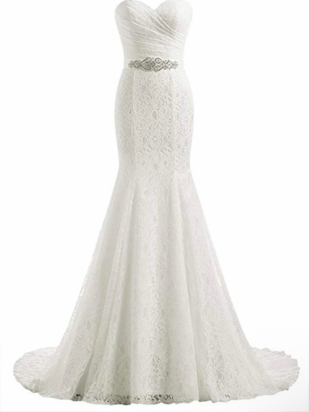 Strapless White Lace Mermaid Bridal Gown with Beaded Waist